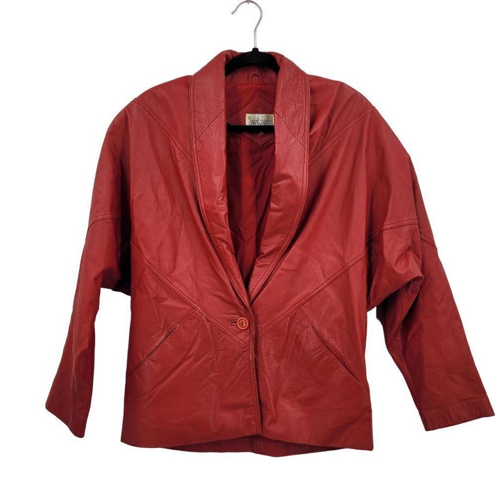 Vintage 80's Genuine Leather Jacket S Red One Button Single Breasted Dolman Glam